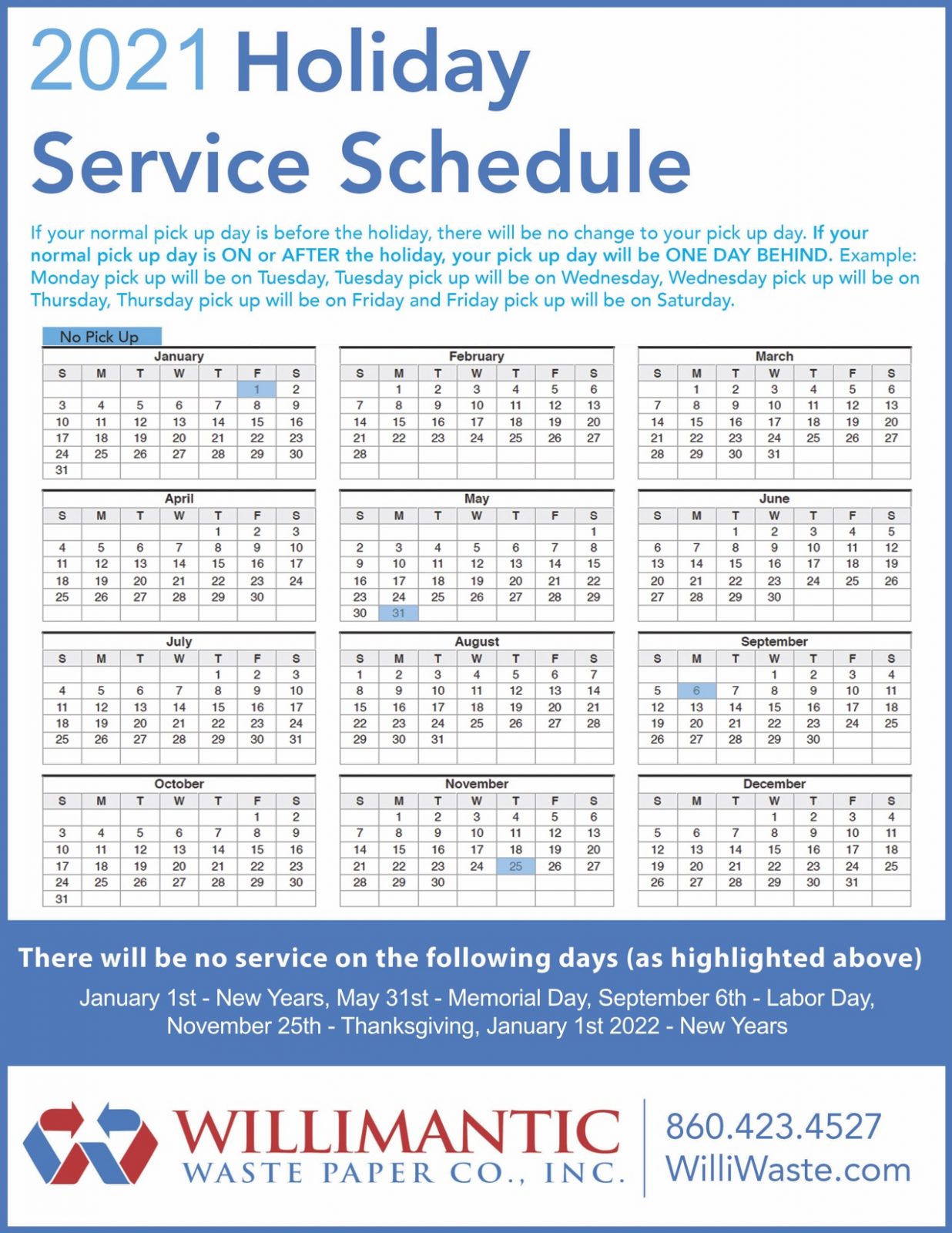 Pawtucket Recycling Schedule 2022 Willimantic Waste Pickup Schedule | 2018 Holiday Pickup Schedule